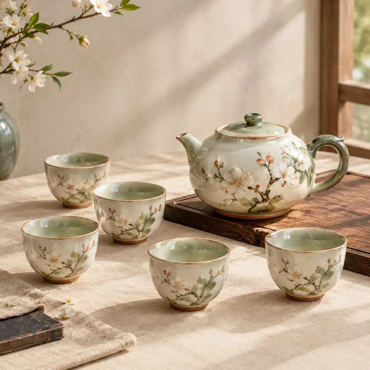 Hand-painted teapot and cups tea set